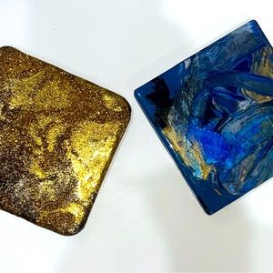 Handmade One Of a Kind Set of Stunning Blue & Gold Coasters 4x4